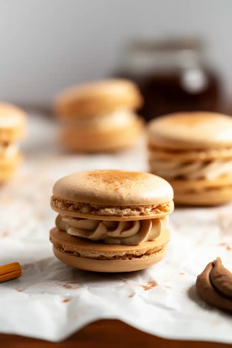 pumpkin pie macarons filled with creamy spiced buttercream