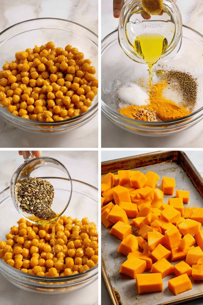 Pumpkin curry recipe steps: Roasting chickpeas with spices, and cubed pumpkin on a baking sheet.