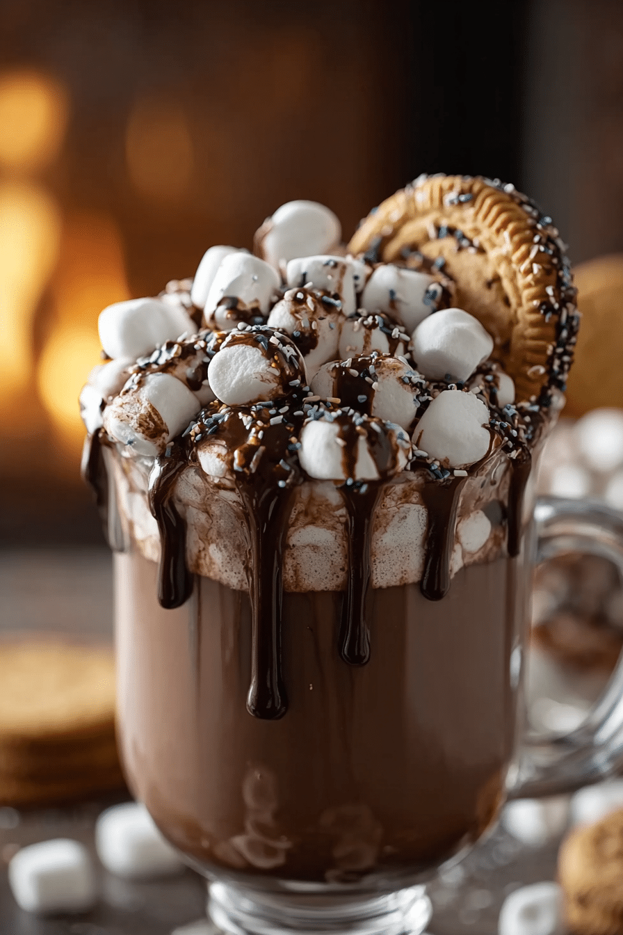 glass of slow cooker hot chocolate with marshmallows cookie and chocolate drizzle