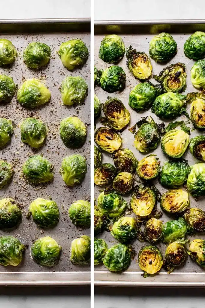 smashed brussels sprouts before and after roasting