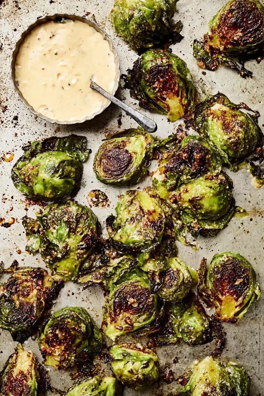 crispy smashed brussels sprouts with mustard dip on metal tray