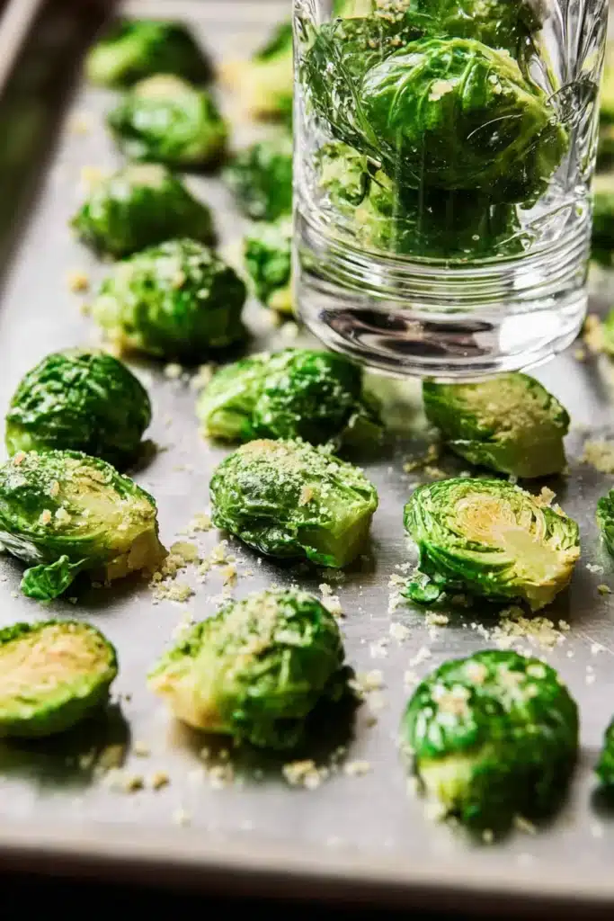 smashing brussels sprouts with a glass on baking tray