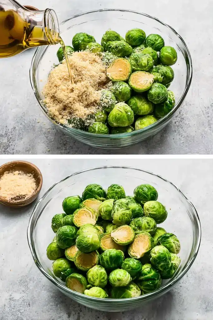 brussels sprouts tossed with cheese and olive oil in glass bowl