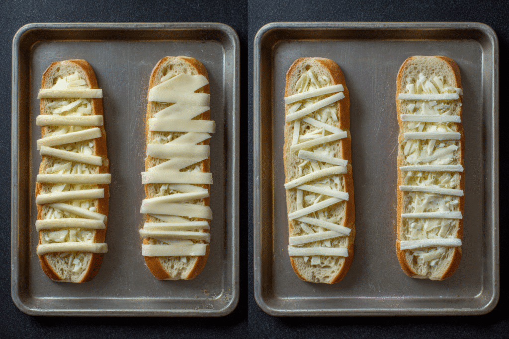 Halloween garlic bread mummy recipe step-by-step. Bread topped with cheese strips on baking sheet.