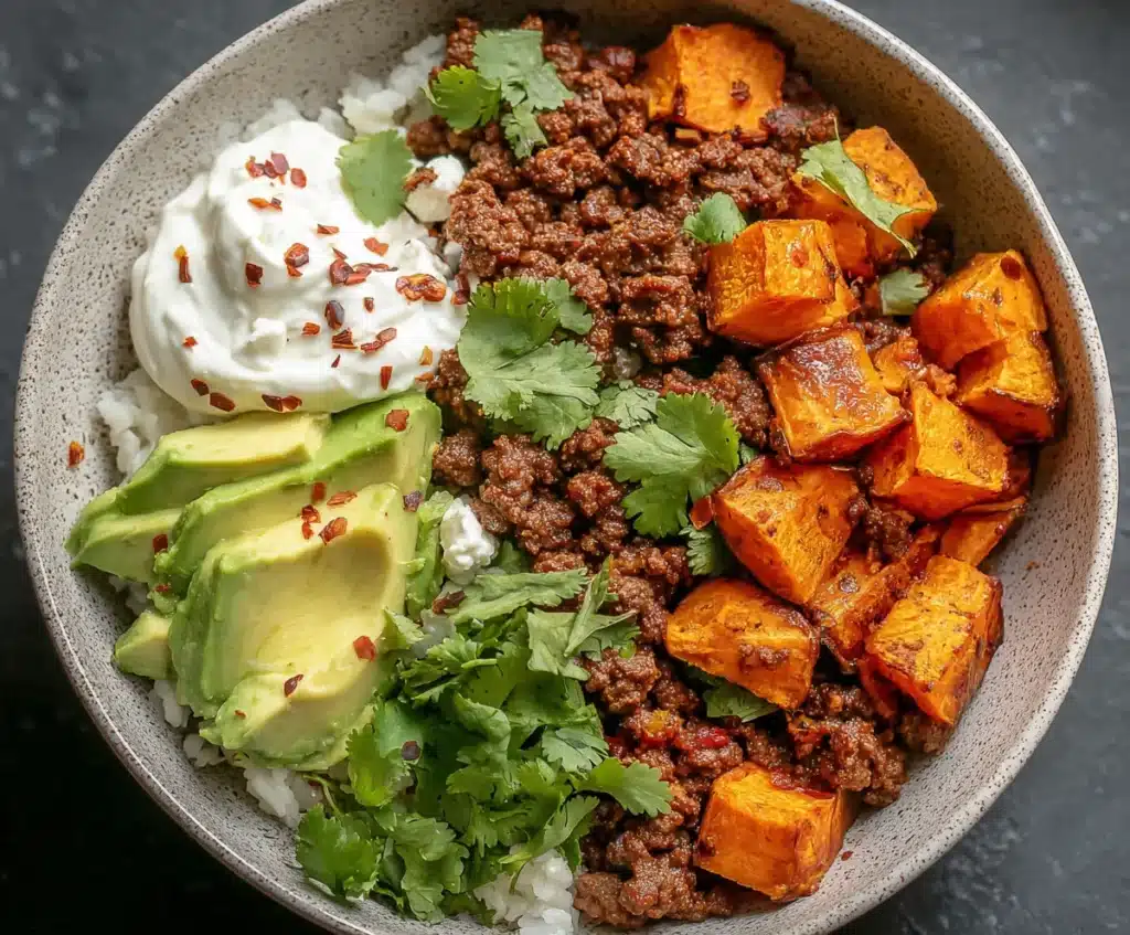 Sweet potato taco bowl. Bowl includes rice, taco meat, avocado, sweet potato, sour cream, cilantro, and spices.