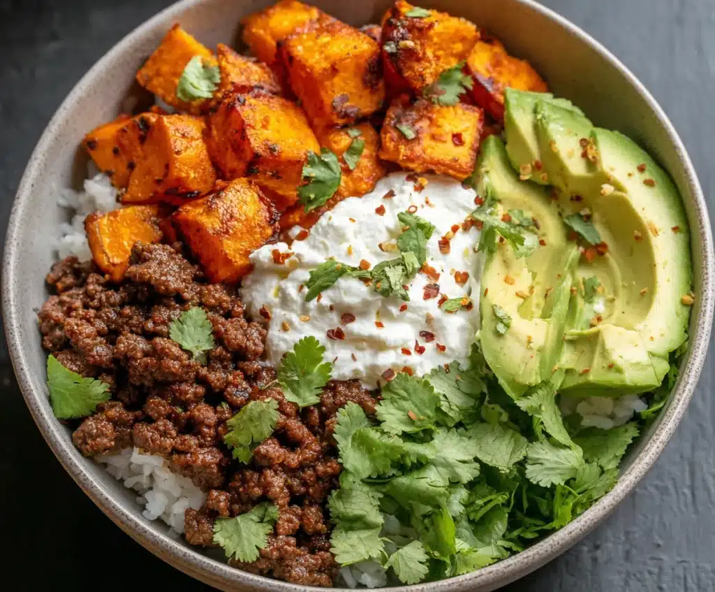 Sweet potato taco bowl. Bowl with rice, seasoned beef, avocado, cilantro, and sour cream.