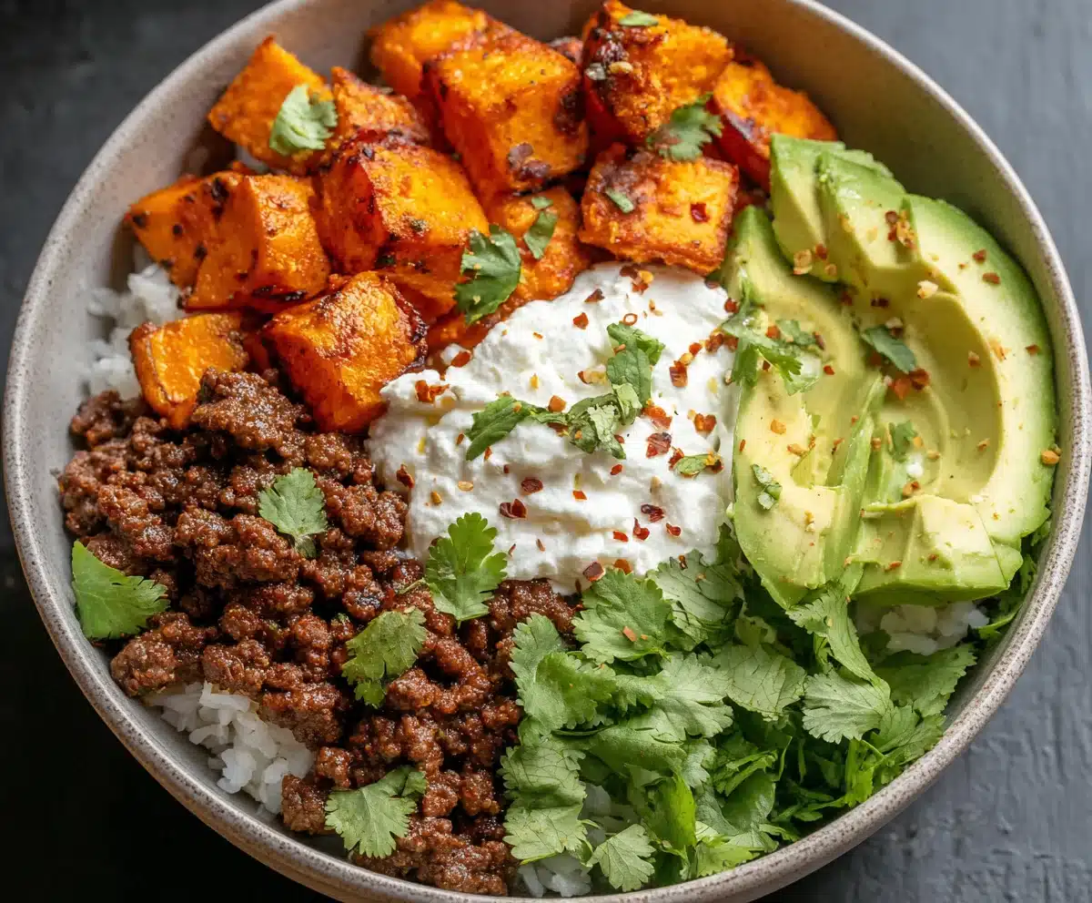 Sweet potato taco bowl. Bowl with rice, seasoned beef, avocado, cilantro, and sour cream.
