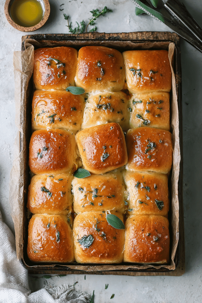thanksgiving resource guide dinner rolls in baking pan with herbs