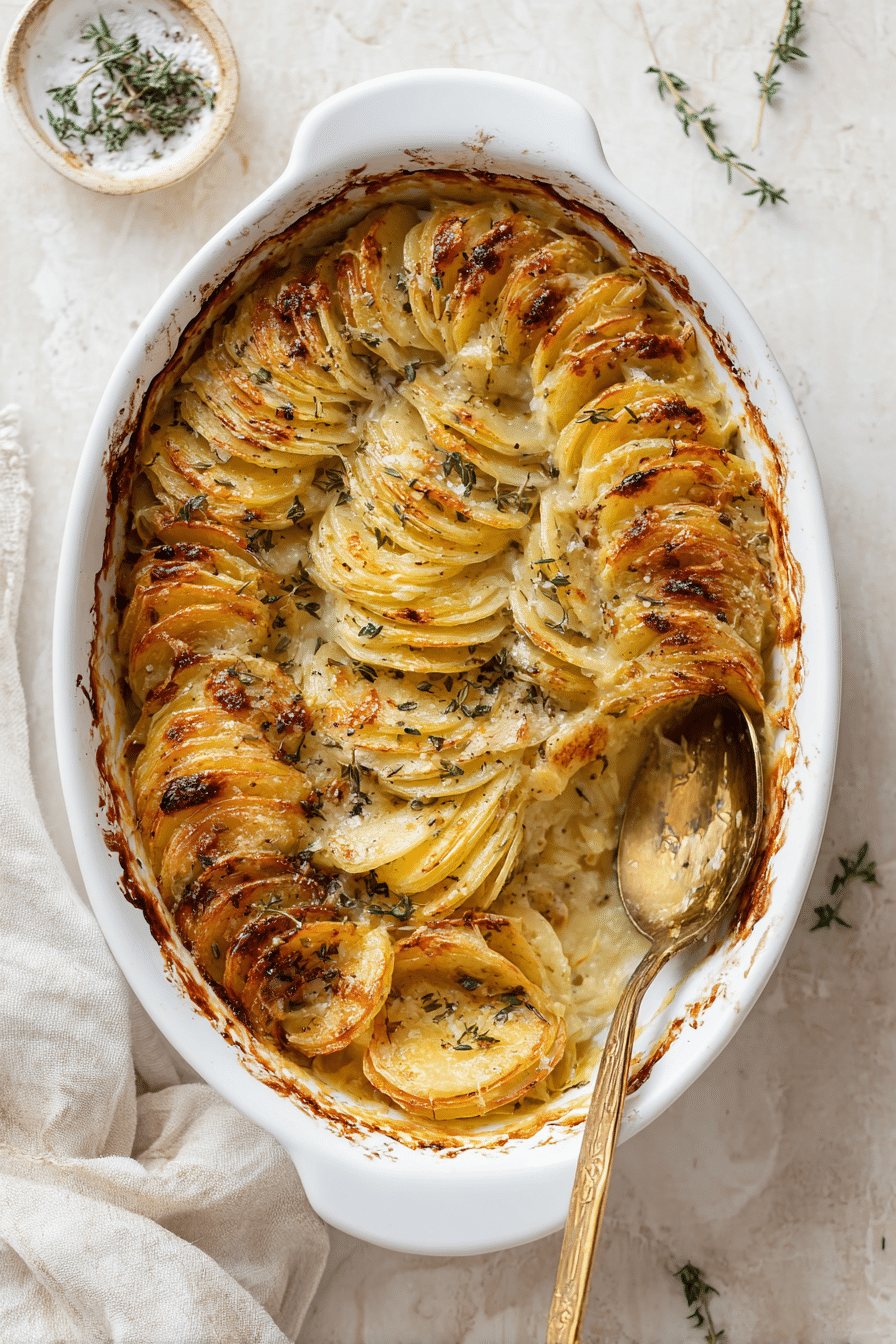 thanksgiving resource guide creamy scalloped potatoes in white oval baking dish