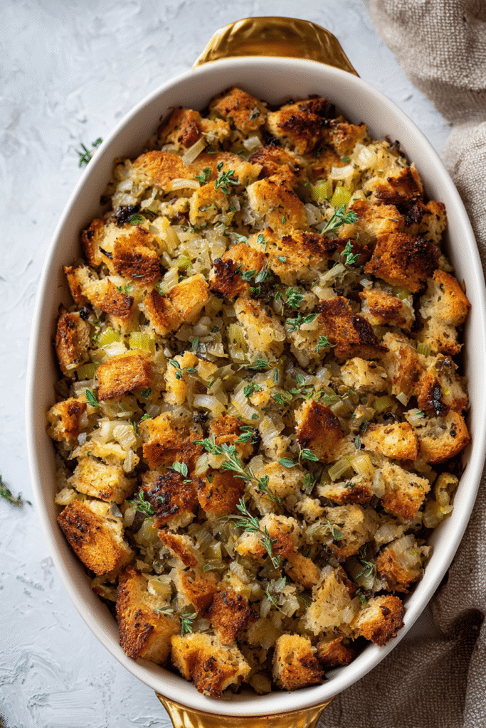 thanksgiving resource guide stuffing in white baking dish with herbs