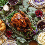 thanksgiving resource guide table with roast turkey sides and colorful place settings