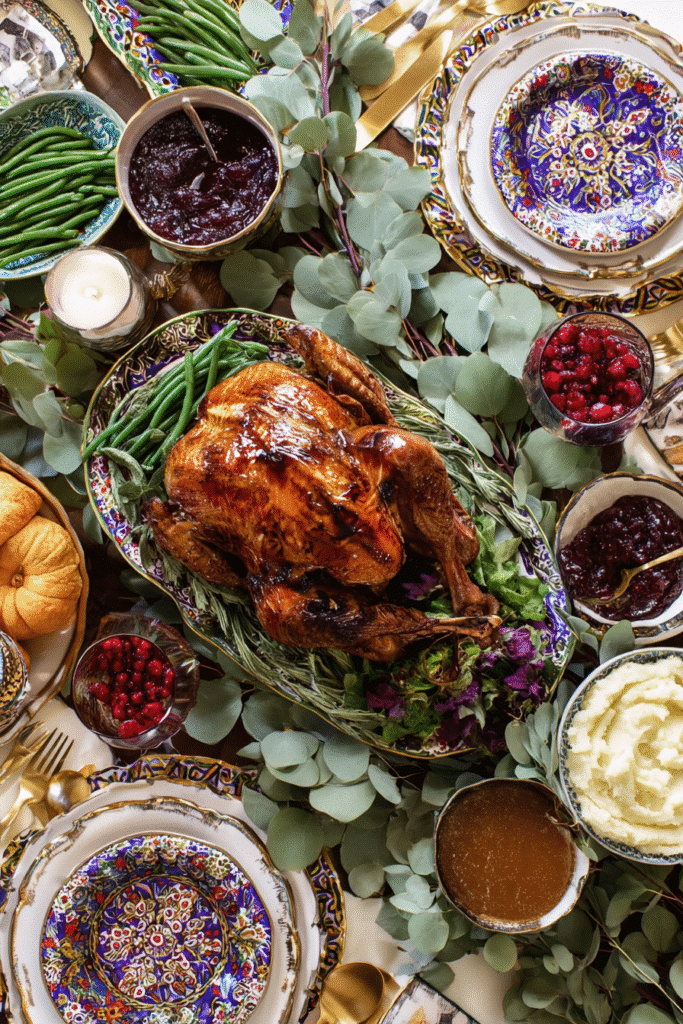 thanksgiving resource guide table with roast turkey sides and colorful place settings