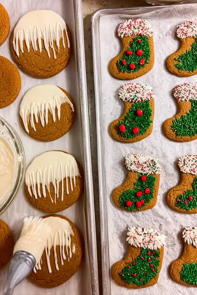 holiday cookies with white drizzle and tree in background