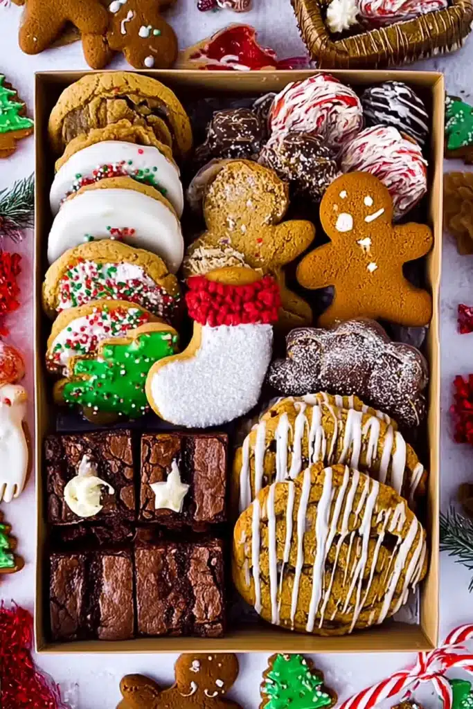 holiday cookie box with drizzled cookies and christmas treats