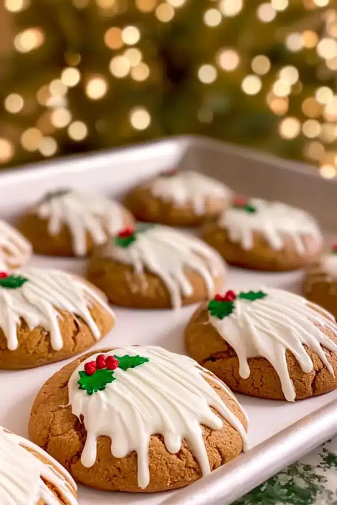 holiday cookies with white drizzle and holly decor