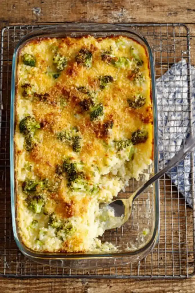 Broccoli cheese rice casserole in a glass baking dish. Easy comfort food recipe with a golden, cheesy topping.