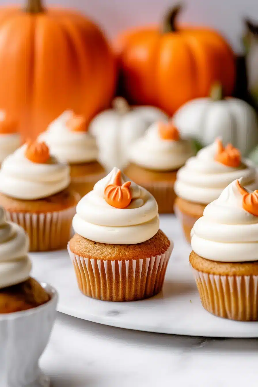 moist pumpkin cupcakes topped with cream cheese frosting and decorative mini pumpkins