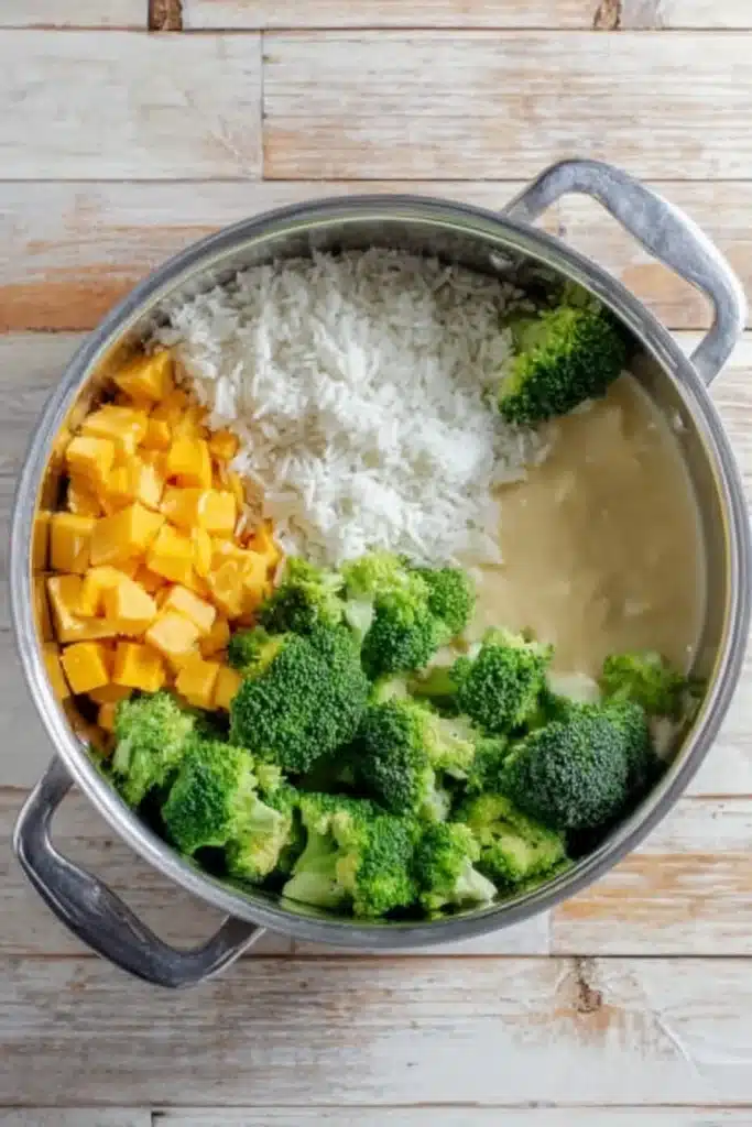 Broccoli cheese rice casserole ingredients in pot. Cheddar, rice, broccoli, and sauce before mixing.