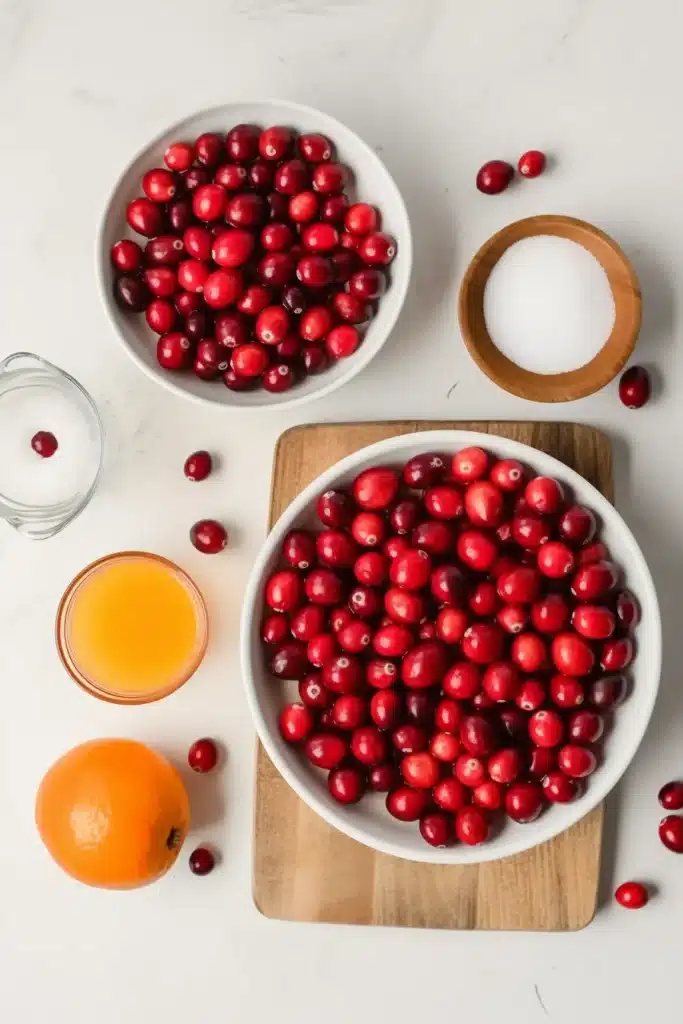 Flat lay of candied cranberry ingredients including a bowl of fresh cranberries, orange juice, powdered sugar, and 7UP on a white background.