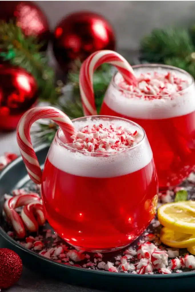 candy cane christmas punch with peppermint and foam in glass mugs