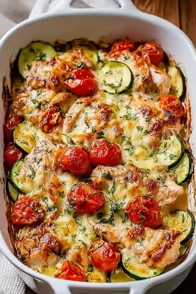 Cheesy Mediterranean Chicken Zucchini Bake in a white baking dish. One-pan chicken bake with tomatoes and zucchini.