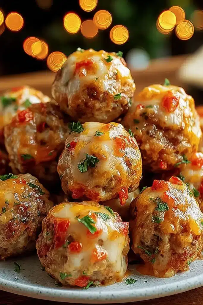Pile of cheesy Rotel sausage balls. Savory appetizer with sausage, cheese, and Rotel tomatoes. Perfect party food.