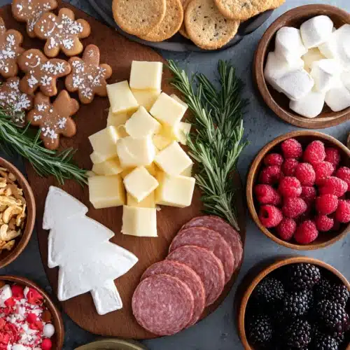 Christmas charcuterie cup ingredients flat lay with cheese meats cookies