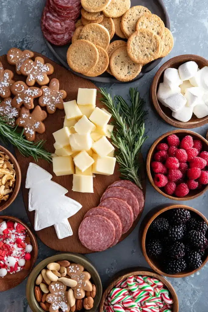 Christmas charcuterie cup ingredients flat lay with cheese meats cookies