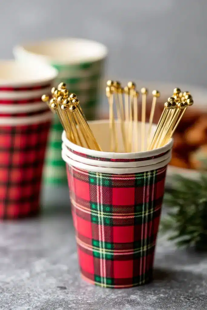 empty plaid charcuterie cups with gold cocktail picks