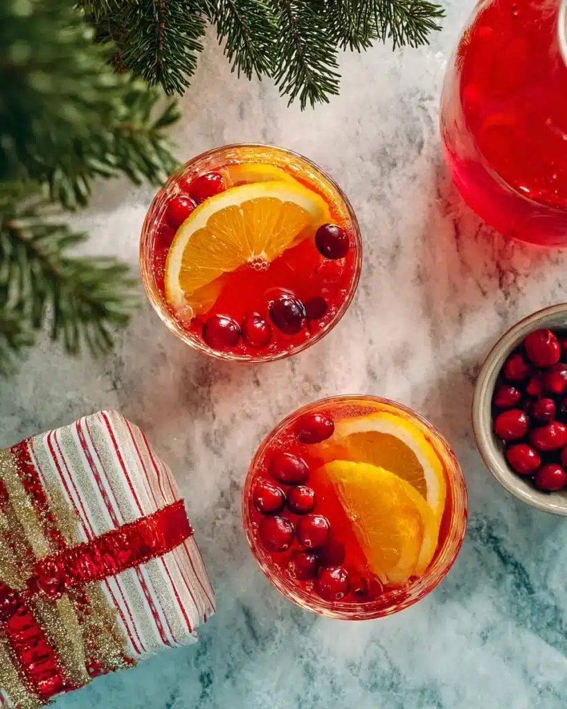 Christmas morning punch with orange slices and cranberries in festive glasses