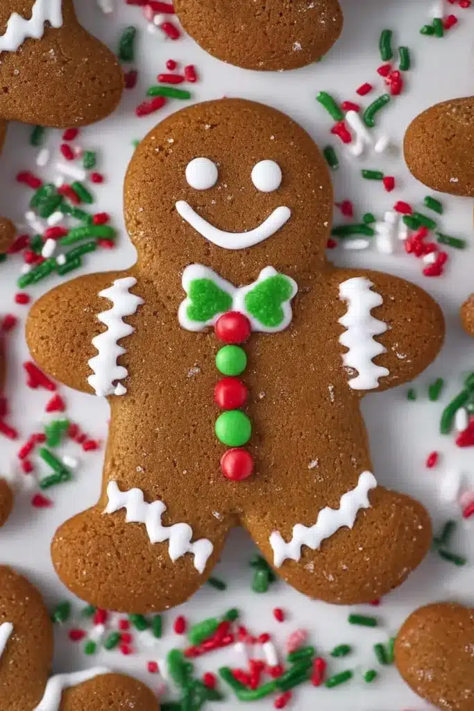 Chewy gingerbread man cookie with white icing and red green sprinkles