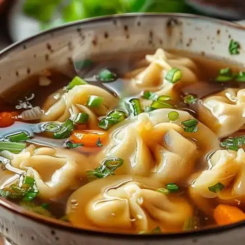 A bowl of comforting potsticker soup with dumplings, vegetables, and herbs in savory broth