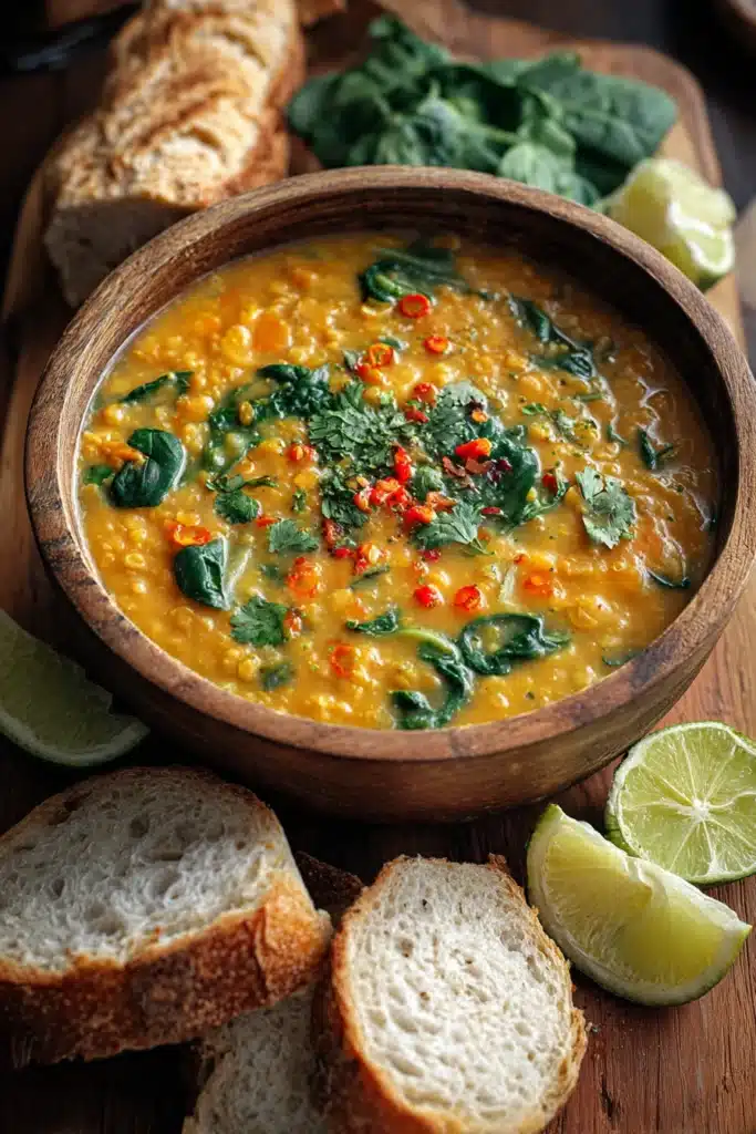 Thai coconut red lentil soup recipe in a wooden bowl with bread and lime wedges.