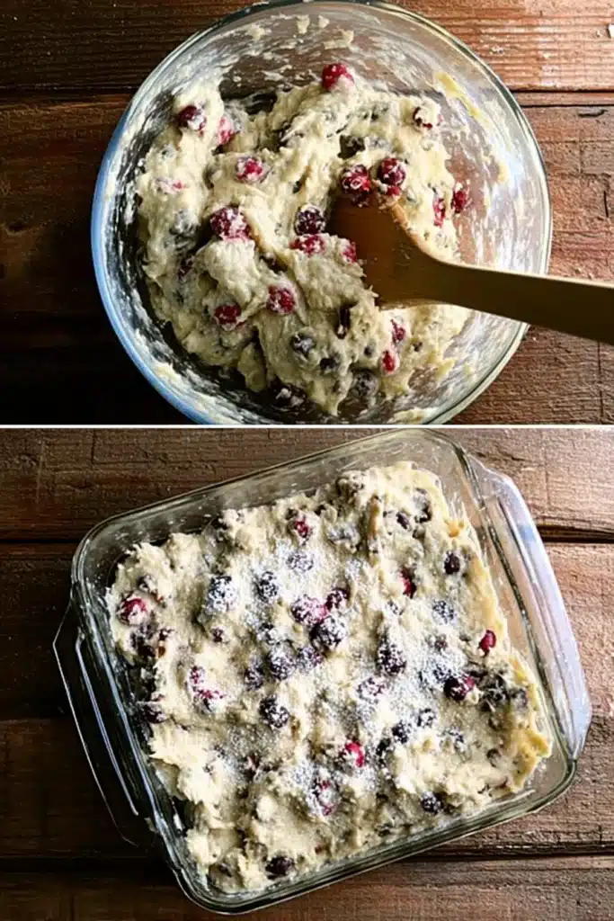 Cranberry orange buttermilk breakfast cake batter in bowl and baking dish. Easy homemade cake recipe.