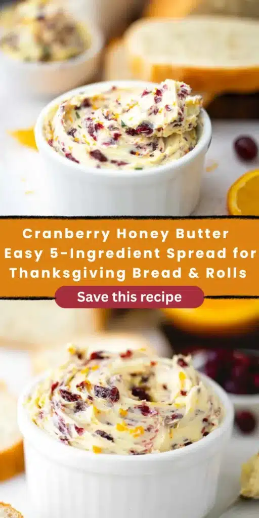 Cranberry honey butter in a white bowl. Sweet, tangy spread for bread and rolls. Thanksgiving recipe.