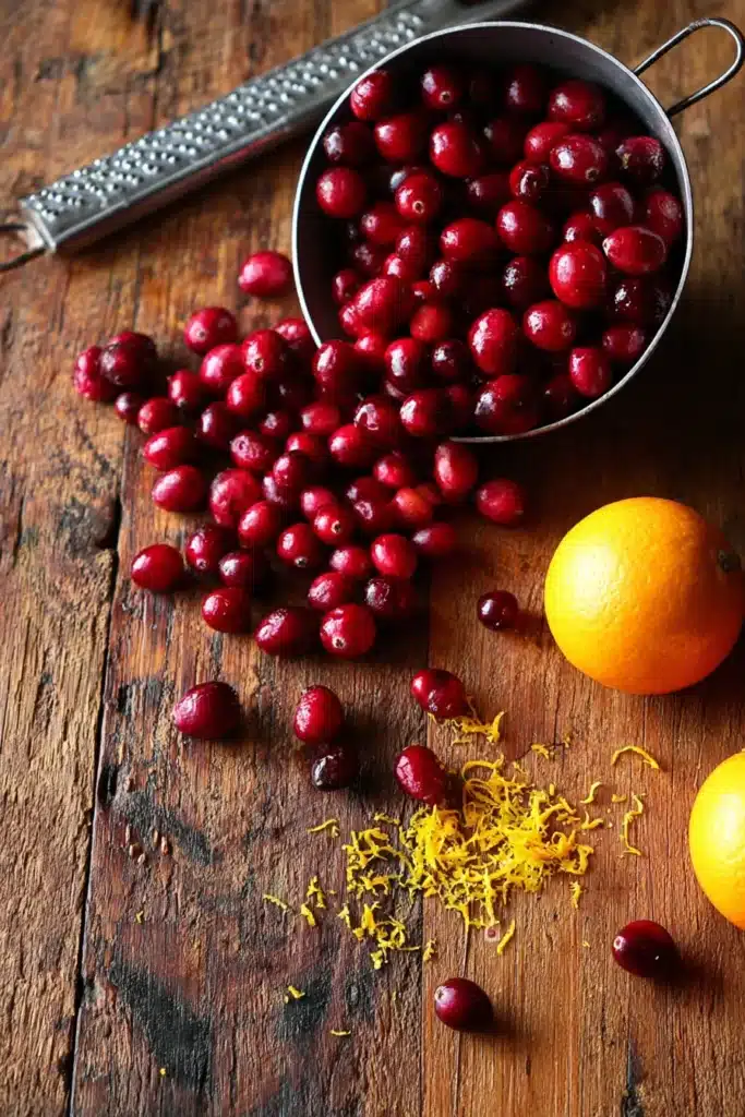Fresh cranberries orange and zest on rustic wood ready for baking