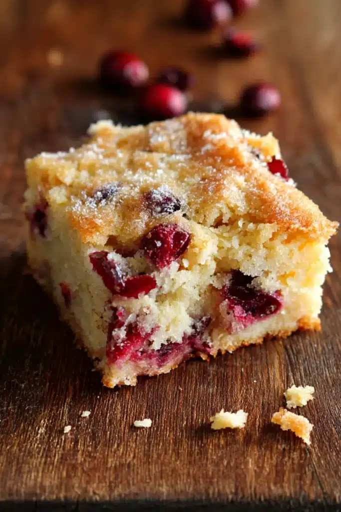 Single slice of cranberry orange buttermilk cake with golden crust