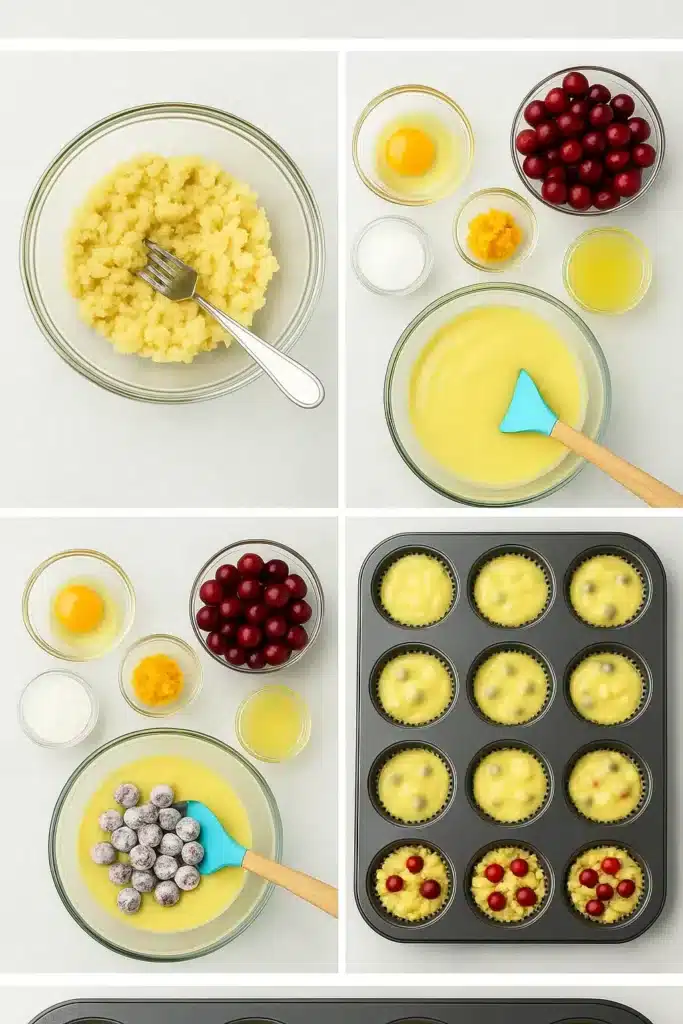 Step-by-step process of making cranberry orange muffins with crumb topping, featuring fresh cranberries, orange zest, and batter in a muffin tin.