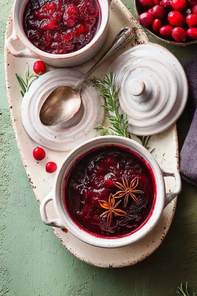 Festive cranberry sauce in ramekins for leftover cranberry sauce coffee cake muffins