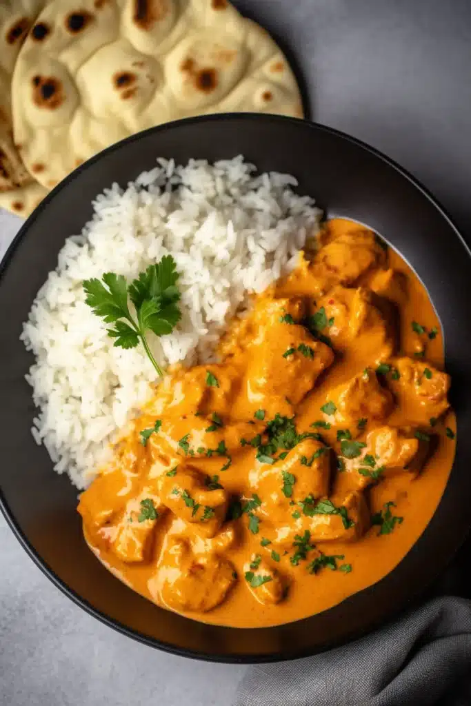 A bowl of butter chicken with creamy tomato sauce, served alongside fluffy white rice and warm naan bread.