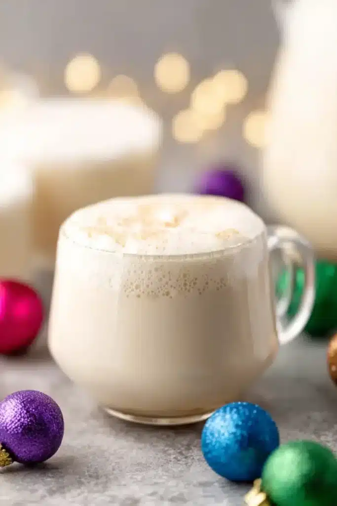 white christmas punch in clear mug with holiday ornaments