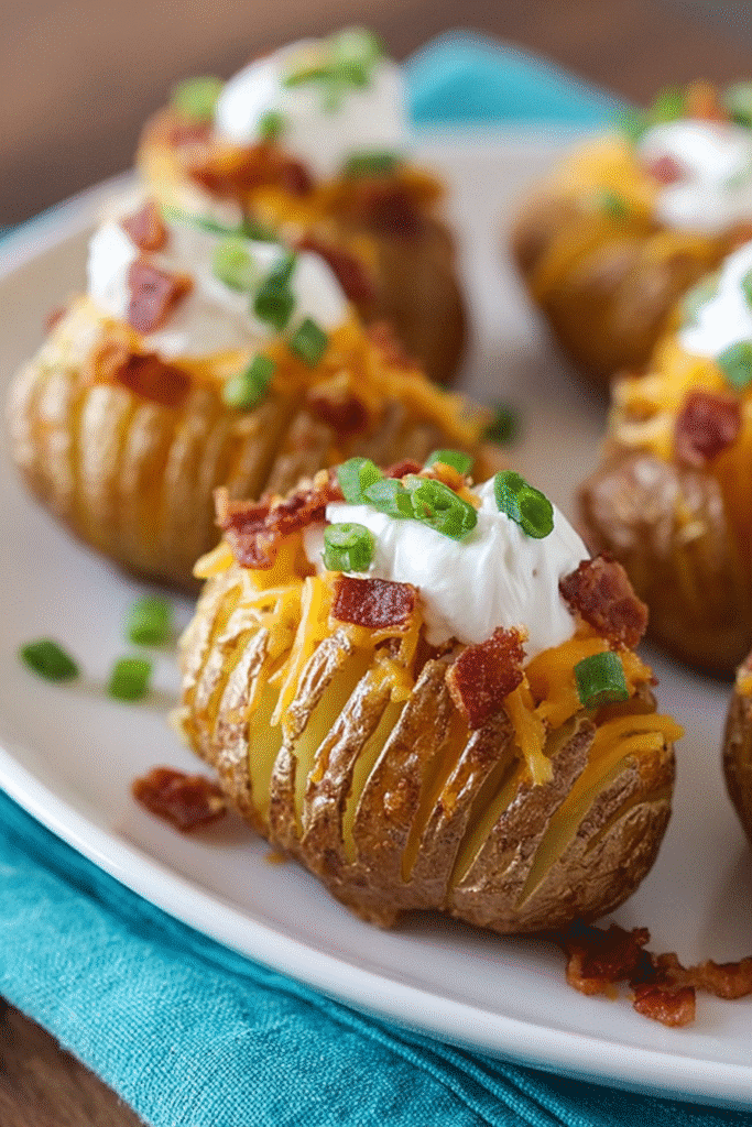 Crispy Loaded Hasselback Potato Bites with cheese bacon and green onions