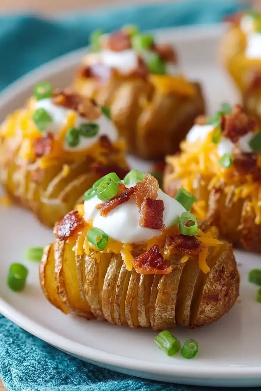 Crispy Loaded Hasselback Potato Bites with cheese bacon and green onions