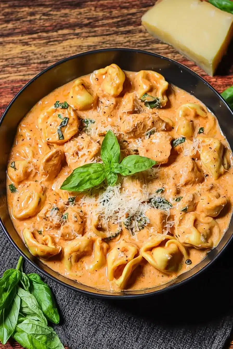 Crockpot chicken tortellini in a bowl. Creamy, comforting pasta dish with basil and cheese. Easy weeknight favorite.