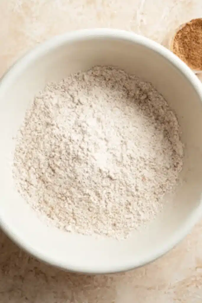Bowl of dry mix for the best pumpkin cupcakes on beige background