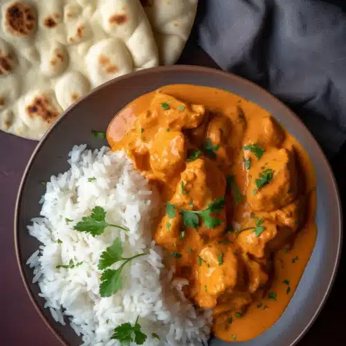 Plate of creamy butter chicken served with fluffy white basmati rice and soft naan bread on a light gray background