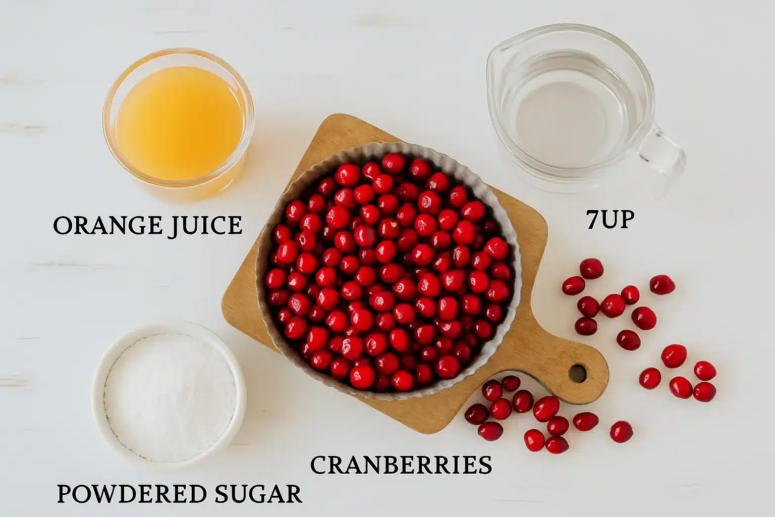 Top view of ingredients for candied cranberries, including a bowl of fresh cranberries, orange juice, 7UP, and powdered sugar, arranged on a white background.