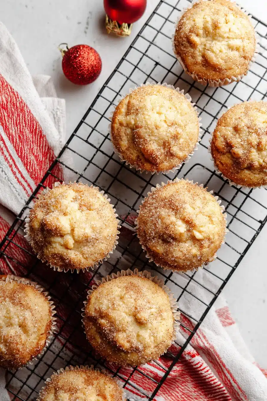 Easy Christmas Eggnog Muffins cooling on rack with festive towel
