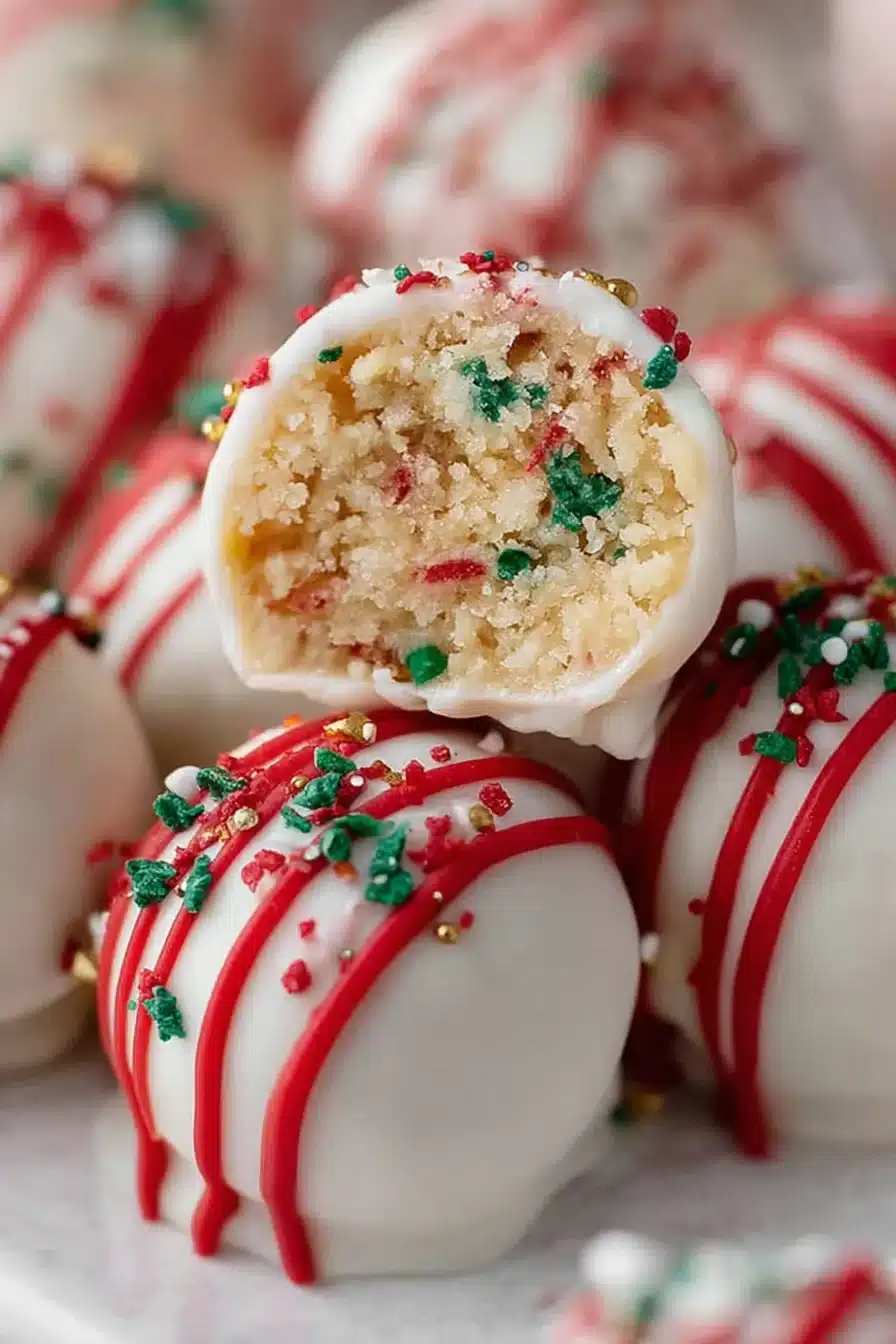 Little Debbie Christmas Tree Cake Truffles. Easy no-bake dessert recipe with white chocolate coating and festive sprinkles.