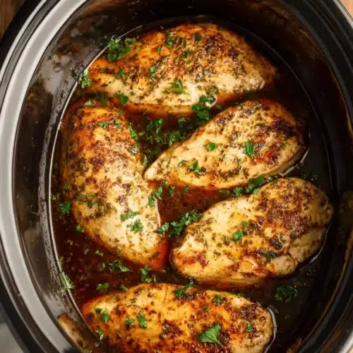 Slow cooker chicken breasts cooked in broth and herbs, shown in a black crockpot with golden seasoning and garnished with parsley.